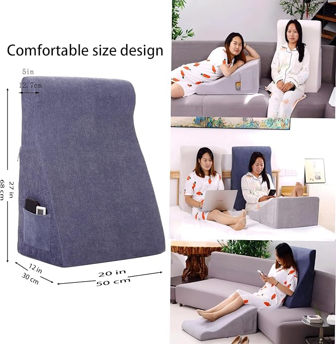 Bed Reading Pillow - Sofa Bed Wedge Pillow - Post-Op Recovery Backrest Pillow - Working Lumbar Support Reading Pillow with Removable Pillowcase Dark Blue 27x20x12in