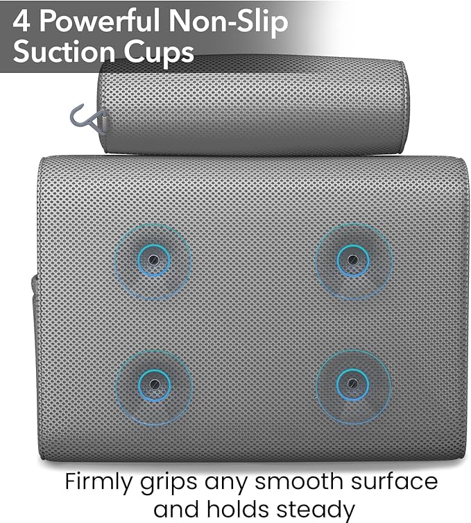 Everlasting Comfort Luxury Bath Pillows for Tub with Head and Neck Support - Non-Slip Bathtub Pillow with Suction Cups, Quick-Drying Mesh & Drying Hook - Jacuzzi & Spa Accessories for Women - Gray