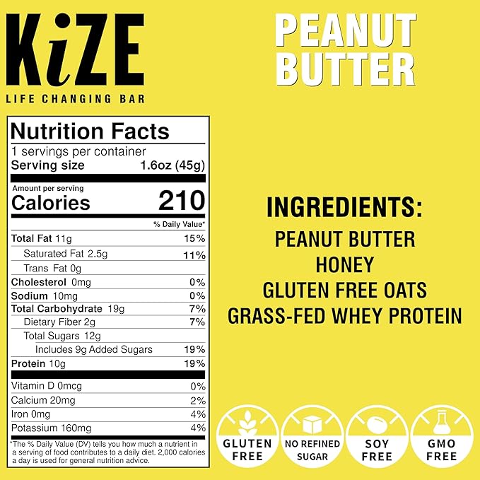 KiZE Energy Bars - Peanut Butter - Gluten Free, Non-GMO, and High Protein Meal Replacement Energy Bars, Clean and Simple Food Ingredients - 10g High Protein Snacks, (10 Count)