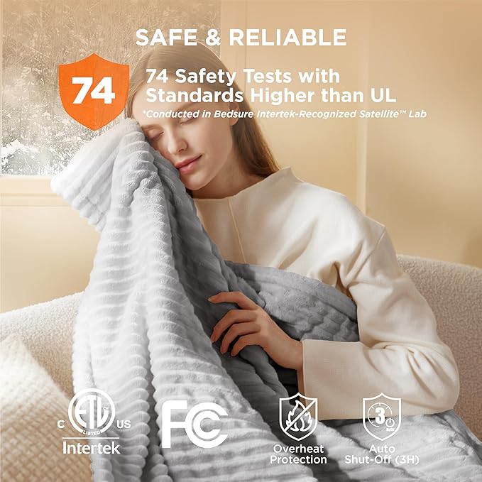 Bedsure GentleSoft Heated Blanket Electric Throw - Soft Ribbed Flannel Electric Blanket, Heating with 4 Time Settings, 6 Heat Settings, and 3 hrs Timer Auto Shut Off (50x60 inches, Light Grey)