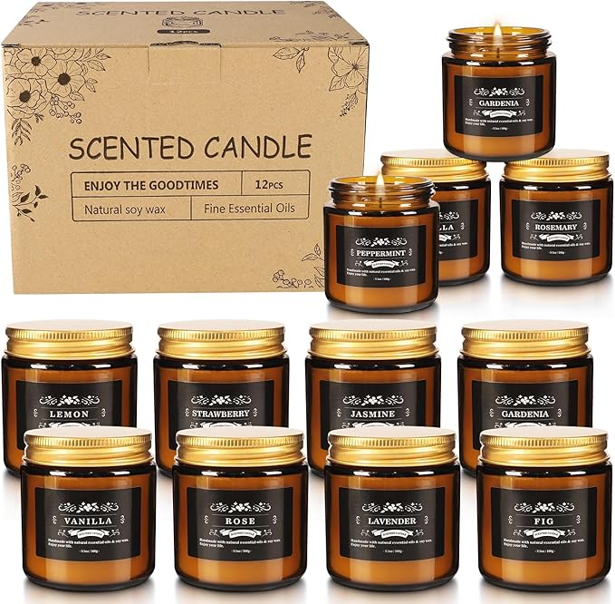 Christmas Scented Candle Set 12 Pack, Candle for Home Scented, Odor Eliminating, Stress Relief, Long Lasting Soy Wax Gift Set