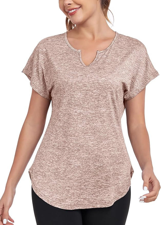 Women's Short Sleeve Workout Shirts V Neck Exercise Yoga Basic Top Quick Dry Side Split