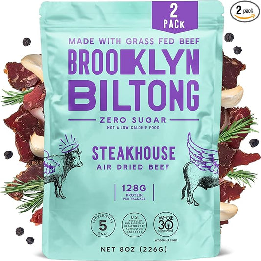 Brooklyn Biltong Air Dried Grass Fed Beef Snack, South African Beef Jerky (8 oz, Pack of 2) - Whole30 Approved, Paleo, Keto, Gluten Free, Sugar Free, Made in USA - (Steakhouse)