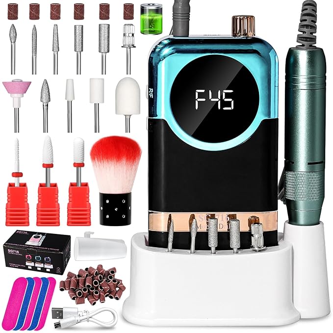 LIMEGIRL Professional Electric Nail Drill Kit 45000RPM Portable Cordless Toenail Cordless Toenail Machine with 14 Drill Bits and Base for Women (Green)