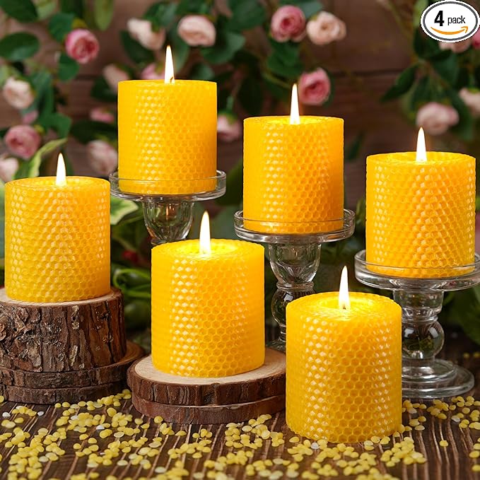 Hand-Rolled Beeswax Candles,2.8x3in-6PCS,All Natural Honeycomb Beeswax Pillar Candles,144 Hours Long Burning Bees Wax Candles for Home,Dripless Smokeless Unscented Honeycomb Pillar Candle