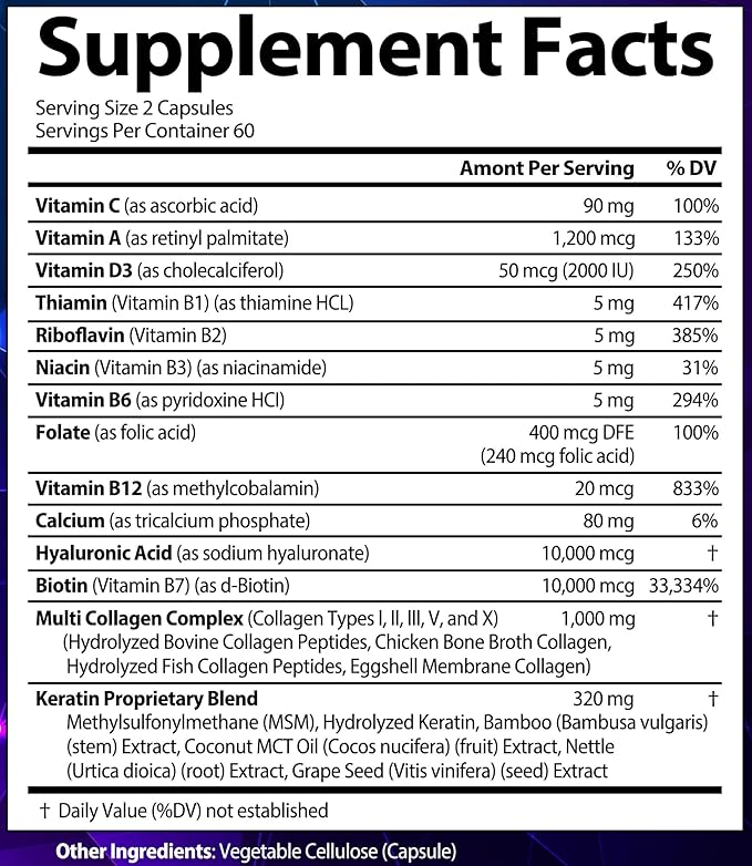 Biotin with Hyaluronic Acid, Keratin, and Collagen Supplements - Hair Growth Vitamins for Women, Healthy Nails and Skin, B1, B2, B3, B6, B7 Complex, USA (120 Capsules)