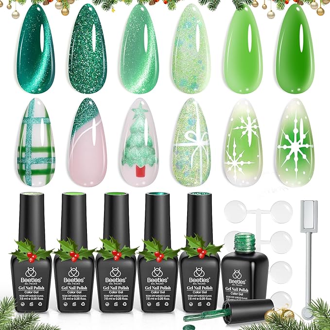 beetles Gel Polish Christmas Green Gel Nail Polish Set 6 Winter Colors Cat Eye Jelly Glitter for Salon Manicure Nail Art DIY at Home UV LED Needed Gifts for Women Girls Enchanted Forest