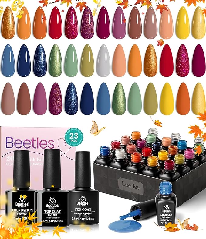 Beetles Fall Gel Polish Set, 20 Colors Orange Yellow Burgundy Red Glitter Green Shades Gel Nail Polish with Base Matte & Glossy Top Coat Soak off Manicure Gifts for Women