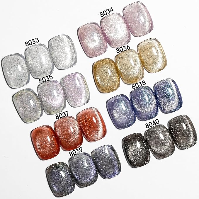 CANNI 8 Pcs 9 ML Cat Eye Gel Nail Polish Set, Jelly Pink Red Purple Blue Black Glitter Cat Eye Gel Polish Kit with Magnet Shimmer Colors Soak Off Manicure Salon DIY Gifts