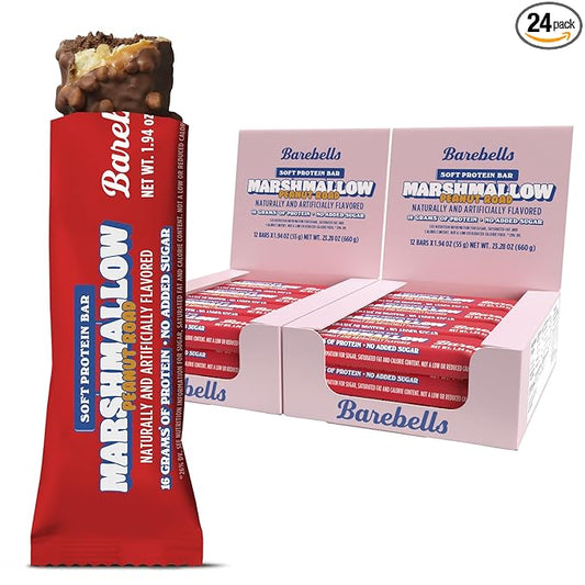 Barebells Soft Protein Bars Marshmallow Peanut Road – 24 Bars Total (2 Packs of 12) – High Protein Snacks with 16g of Protein, Fluffy Chocolate Nutritional Treat, No Added Sugar, Breakfast Bars