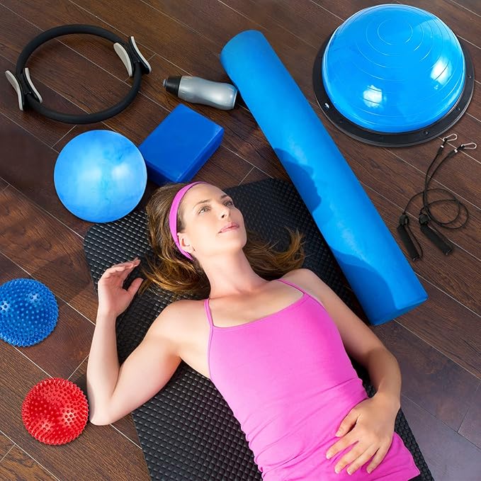Honoson Half Ball Trainer Yoga Ball with Resistant Band Foot Pump Set, Half Exercise with Fitness Elastic Belt Hedgehog Balance Pods for Core Stability Full Body Workout Gym