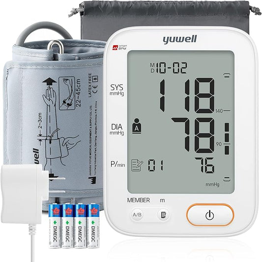 yuwell Upper Arm Blood Pressure Monitor | Medical Grade, BP Machine for Home Use | 2 Users, 99x2 Readings, Wide Range Blood Pressure Cuff, 4.5" Large Display, Power Adapter