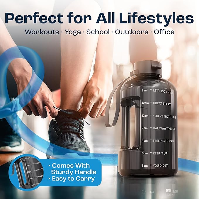 AQUAFIT Half Gallon Water Bottle with Time Marker - Straw & Chug Lid - BPA Free Gym Water Bottle with Straw - Big Gallon Jug (Midnight Gray, 64 oz - 2 Lids)