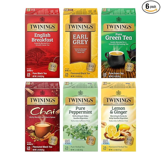 Twinings Variety Pack Tea Bags, 25 Count (Pack of 6) Includes English Breakfast, Earl Grey, Lemon Ginger, Peppermint, Green, and Chai, Enjoy Hot or Iced, 150 Teabags