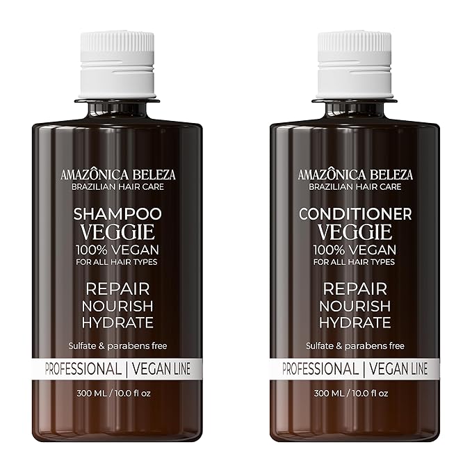 AMAZONICA BELEZA Vegan Veggie Refiner Shampo and Conditioner, Nourishes, Moisturizes and Repairs, Sulfate, Parabens and Cruelty Free, with Natural Ingredients for all Hair Types, 10 Oz