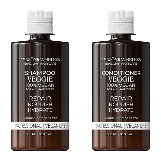 AMAZONICA BELEZA Vegan Veggie Refiner Shampo and Conditioner, Nourishes, Moisturizes and Repairs, Sulfate, Parabens and Cruelty Free, with Natural Ingredients for all Hair Types, 10 Oz