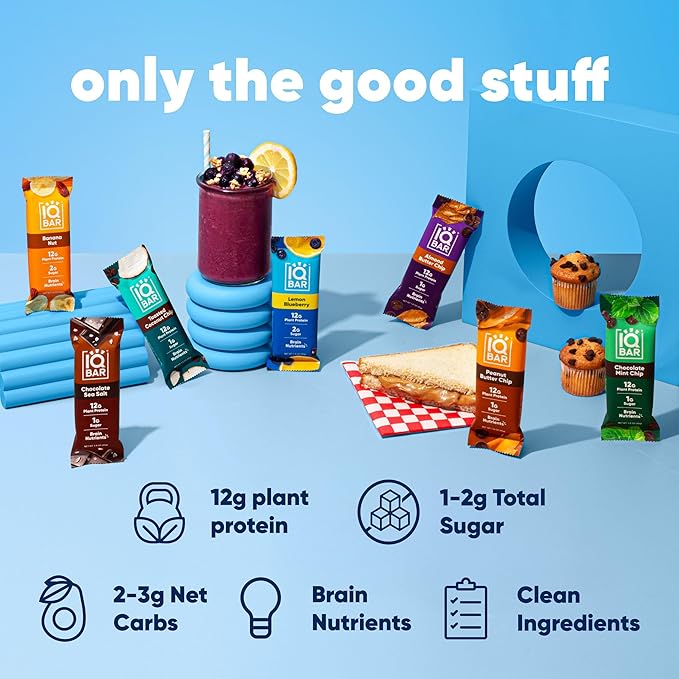 IQBAR Brain and Body Plant Protein Bars - 7 Bar Sampler Variety Pack - Keto, Vegan, Low Carb, High Fiber, Gluten Free, Dairy Free, Low Sugar Snack with Nutrients for Focus, Energy and Meal Replacement