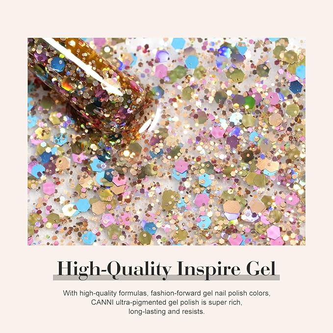 CANNI 8 Pcs 9 ML Glitter Sequins Gel Nail Polish Set, Shimmer Sparkly Shiny Pink Yellow Purple Blue Colors Polish Kit Soak Off Led Nail Art Gel Manicure Salon DIY Gifts