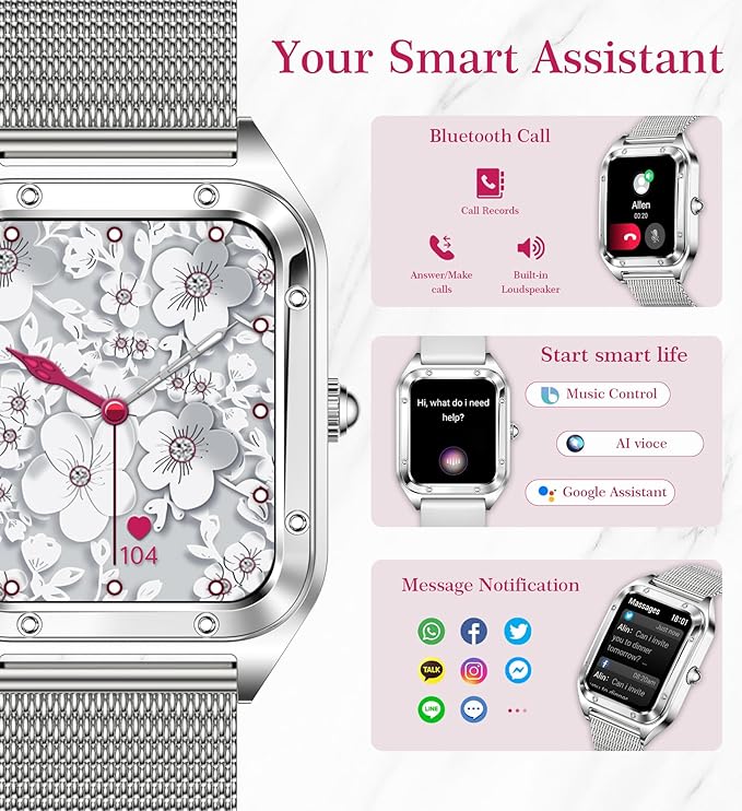 Smart Watch for Women(Call Answer/Dial), 1.6'' Touch Screen Smartwatch for Android iPhone Compatible, Waterproof Fitness Tracker with Heart Rate Sleep Monitor 100+ Sports Modes AI Voice, Silver