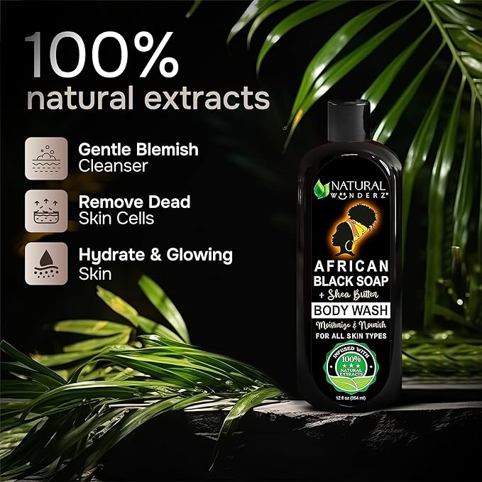 Natural Wunderz African Black Soap Body Wash, 12 oz – Sulfate‑Free, Vegan Cleanser with Shea Butter – Soothing, Detoxifying Shower Gel for Men & Women