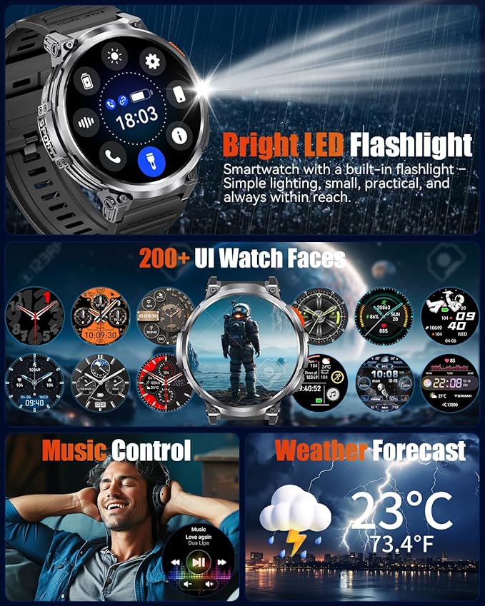 1.85" Big Screen Military Smart Watch for Men with Flashlight, 730mAh Large Battery, IP68 Waterproof, Bluetooth Calling, 114 Sports Modes, Heart Rate/Sleep Monitor for iOS Android