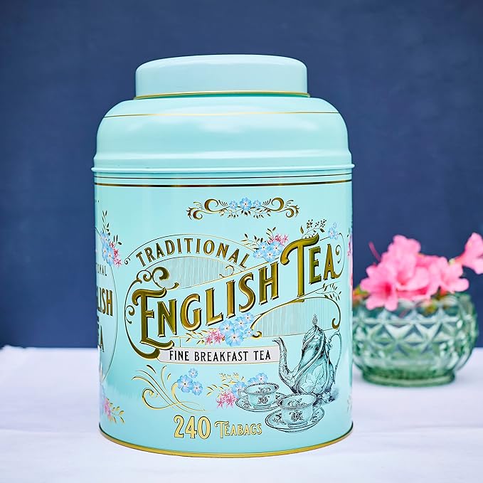New English Teas Vintage Victorian Tea Tin with 240 English Breakfast Teabags for Tea Lovers, Forget Me Not Florals & Classic Tea Set Design