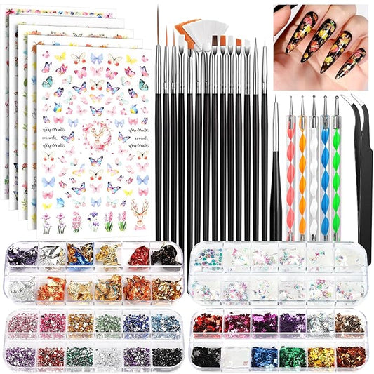 FANDAMEI Nail Art Kit, Nail Art Brushes Set, Nail Art Dotting Tools, Nail Stickers, Butterfly Nail Art Sequins, Nail Foils, Nail Art Flakes Iridescent, Rhinestones For Nails Design