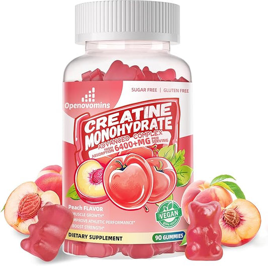Creatine Monohydrate Gummies Complex for Men & Women -Advanced Formula W/L-Taurine + Vitamin B12, Sugar Free Chewable Supplement,90 Peach Gummies