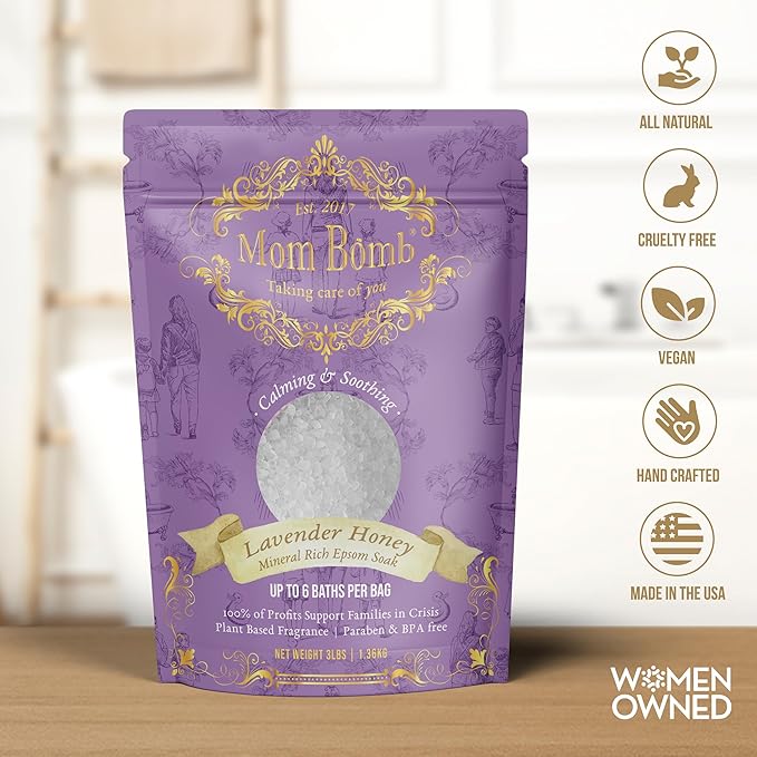 Mom Bomb Lavender Honey Epsom Salt Bath Soak – Natural Magnesium Salt with Essential Oils – Relaxing Aromatherapy for Stress Relief, Muscle & Foot Soak – Made in USA, 48 Ounce