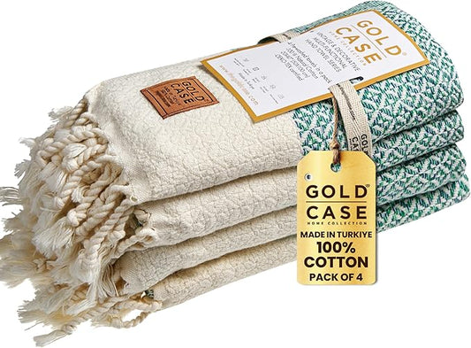 Gold CASE Turkish Hand Towels for Bathroom Set of 4 – 20 x 40'' – 100% Cotton Bathroom Towels – Aphrodite Kitchen Small Towel for Spa, Face, Tea & Dishcloth – Decorative Patterned Weave – Green