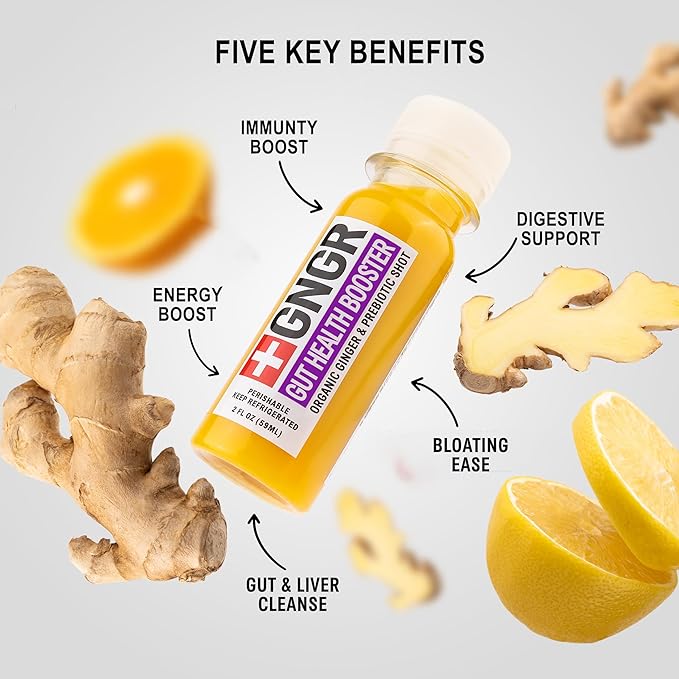 +GNGR Gut Health Booster + Colon Cleanse & Debloat, Less Cravings, Organic Ginger Shot with Apple Cider Vinegar, Aloe Vera, Pre+Probiotics, Turmeric. Immunty & Digestion. 2 fl oz (Pack of 12)