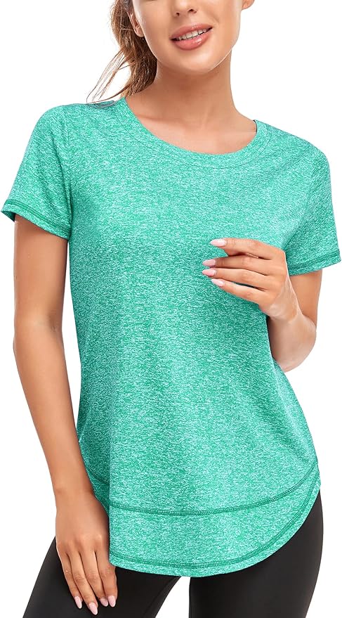 Women's Short Sleeve Workout Shirts Crewneck Sports Yoga Running Dry Fit Tops Side Split Tee