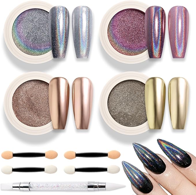 4 Color Chrome Nail Powder Set Holographic Metallic Mirror Effect Nail Chrome Glitter Silver Copper Rose Gold Champane Glazed Donut Nail Dust Manicure Pigment for DIY Nail Art Design