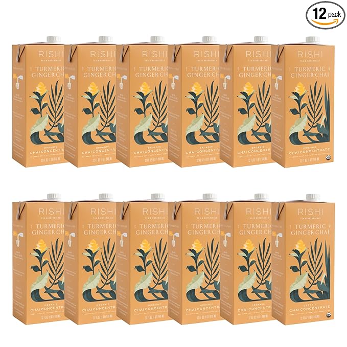 Rishi Tea Turmeric Ginger Chai Latte - Organic Herbal Tea Concentrate with Ginger - Easy-to-Serve Hot or Iced, Caffeine Free - 32 Fl Oz (Pack of 12)