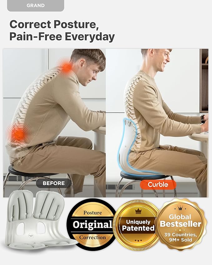 Curble GRAND(Extra Wide & Sturdy) 2PACK – Ergonomic Chair Back Support, Lumbar Support for Posture Correction, Back Pain Relief, Perfect for Office Chair, Floor Seat, Work from Home, Patented(2P Grey)