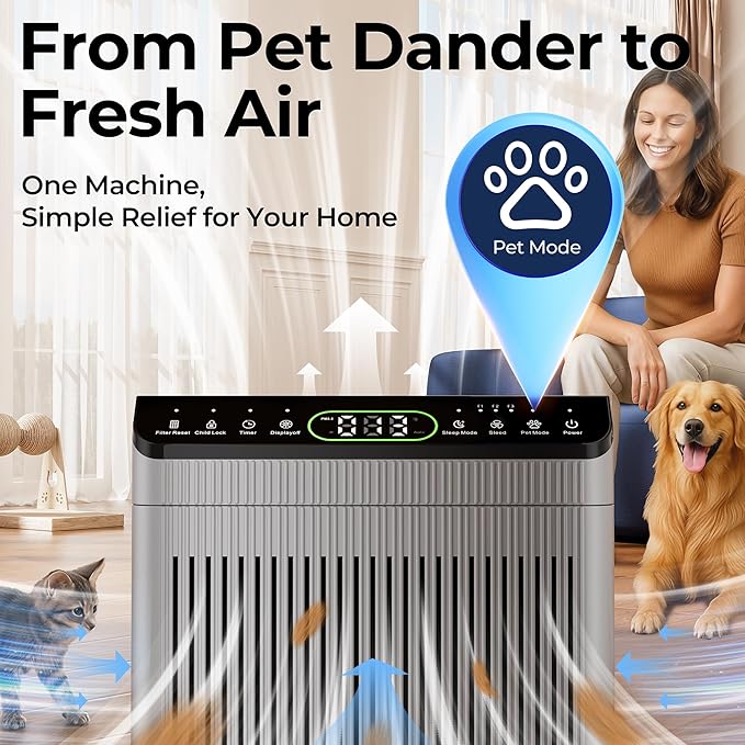 Air Purifiers for Home Large Room up to 2200sq.ft with Washable Filters, EVALIT Air Purifier for Bedroom with Fragrance, PM 2.5 Display Air Quality Sensor for Smoke Dust Odors, Grey, 1Pack+3Modes