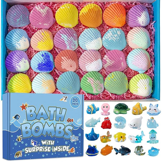 Bath Bombs for Kids with Surprise Marine Animals Inside, 20 Shell Kids Bath Bombs Gift Set, Handmade Bubble Bath Fizzes Bomb for Chrildren Birthday Christmas and Party Favor