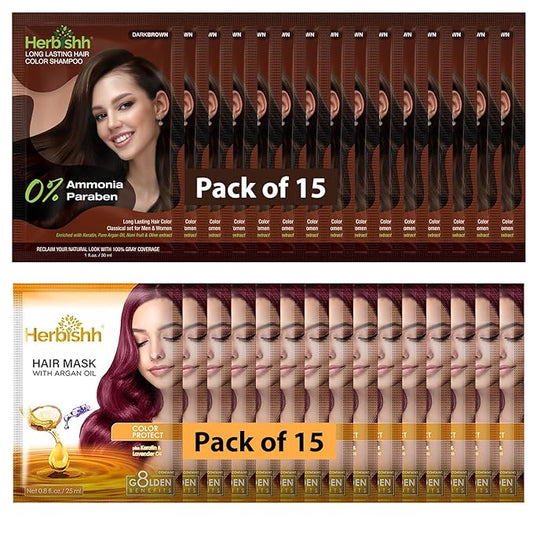 Herbishh Travel Pack Hair Dye Color Shampoo + 15pc Argan Hair Mask Sachet (Dark Brown, 15 Sachets)