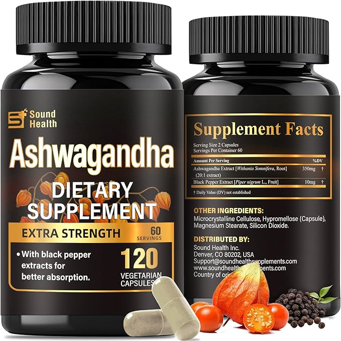 SoundHealth Organic Ashwagandha Capsules Supplement - 7000mg Herb Powder Equivalent per ，Immune Support, Hormone Balance - Enhanced Nutrient Absorption - 120 Capsules (60 Servings)