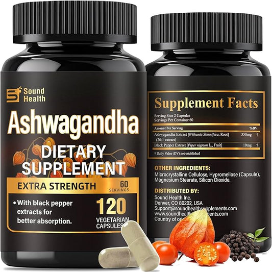 SoundHealth Organic Ashwagandha Capsules Supplement - 7000mg Herb Powder Equivalent per ，Immune Support, Hormone Balance - Enhanced Nutrient Absorption - 120 Capsules (60 Servings)