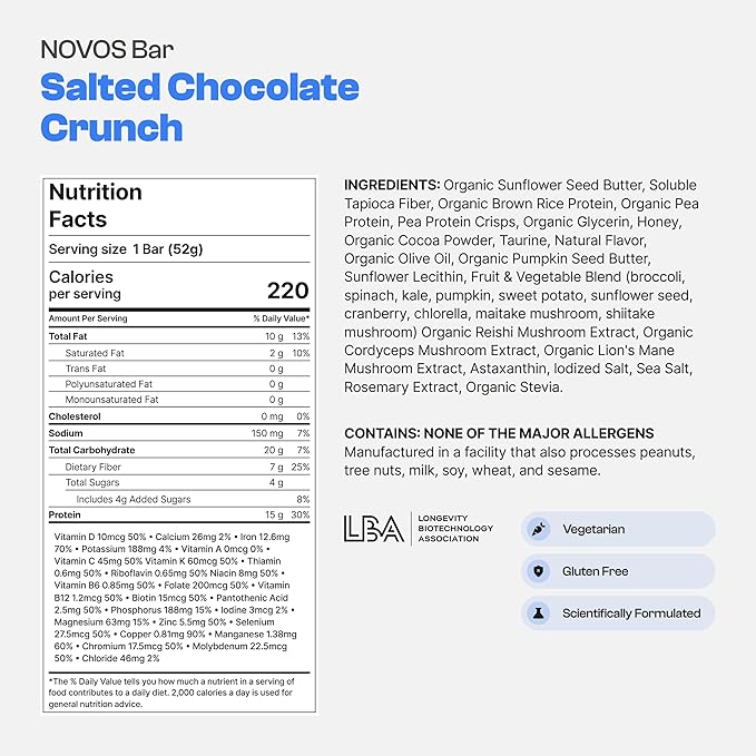 Novos Longevity Meal Bar - Salted Chocolate Crunch - 15g Protein Bar, 5 Longevity supplements, 20 Superfoods, Seed Oil Free, Targets Causes of Aging, Skin, Mind and Mood Support, Vegetarian, 12-Pack