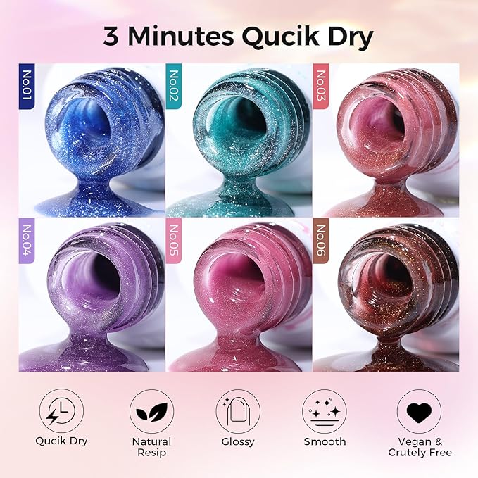 5-in-1 Cat Eye Gel Polish Kit, 6PCS-7.5ml No Base/Top Coat Needed, All-in-One Formula, Beginner-Friendly Magnetic Nail Art Set with Magnet Sticks, Fast Curing for Home DIY Manicure