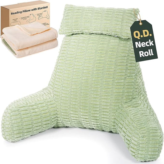 21" Higher Large Reading Pillow with Neck Support for Bed Adult, Back Pillow for Bed Sitting Up with Blanket Backrest Pillow with Arms Rest for Couch Chair Green