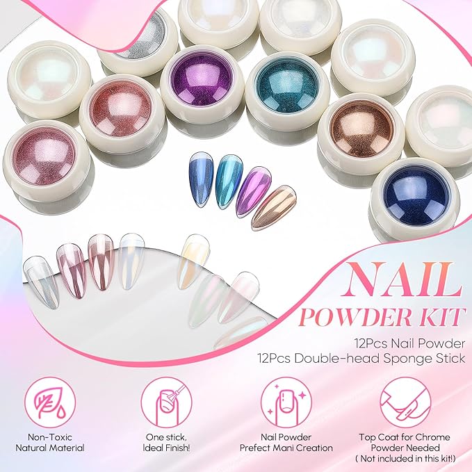 AIMEILI Pearl Nail Powder, Vegan, Cruelty Free, 12 Colors Chrome Aurora Metallic Holographic Mirror Effect Nail Art Pigment Iridescent Shell Glitter Nail Art