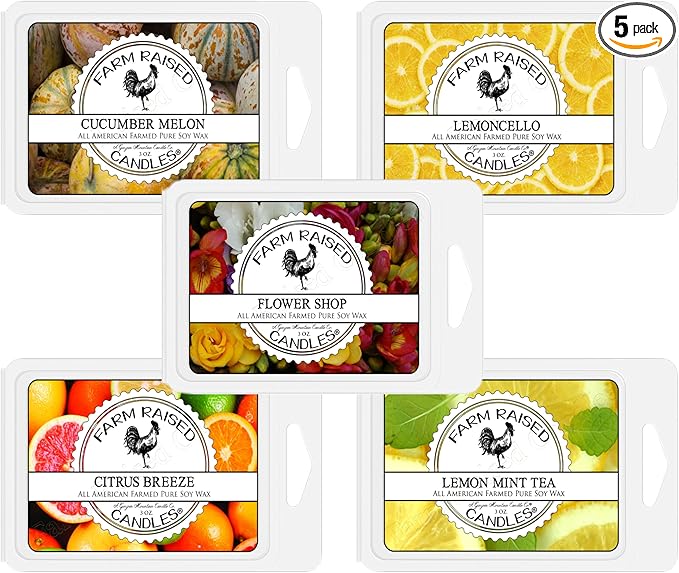 Farm Raised Candles Fruit/Floral Wax Melt. 16 Ounce 5 Pack. 100% USA Made Variety Wax Melts - Soy Wax Melts - Warmer Cubes Lavender, Lemon, Spring, Raspberry Vanilla, Cucumber Melon Citrus