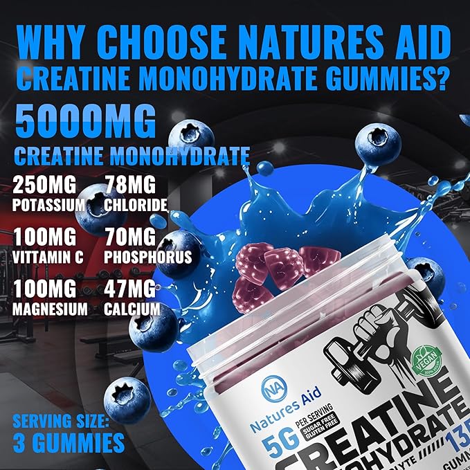 Natures Aid Creatine Monohydrate Gummies (5g) – Pre-Workout Energy & Muscle Growth Support for Men & Women | Blueberry Electrolyte Gummies (135 Count)