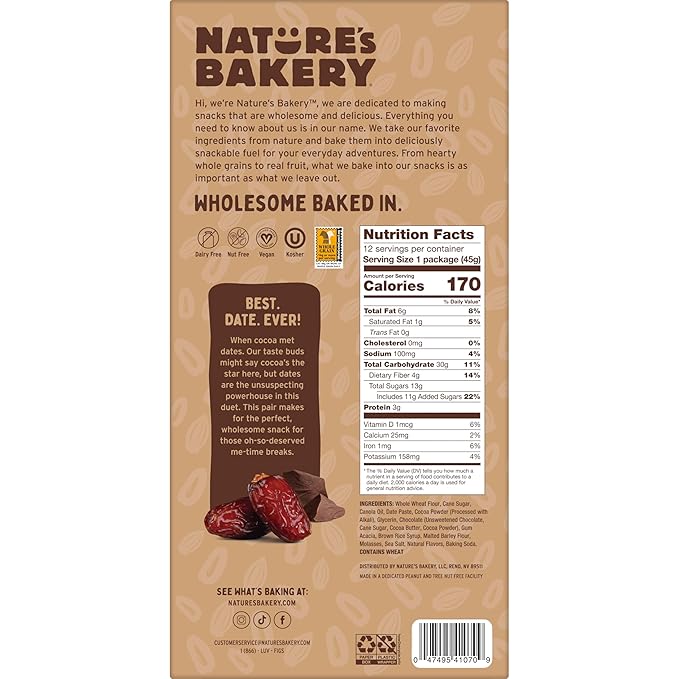 Nature’s Bakery Double Chocolate Brownie Bars, Whole Grains, Dates, and Cocoa, Plant Based, Dairy-Free, Snack Bar, 1 box with 12 Twin Packs (12 Twin Packs)
