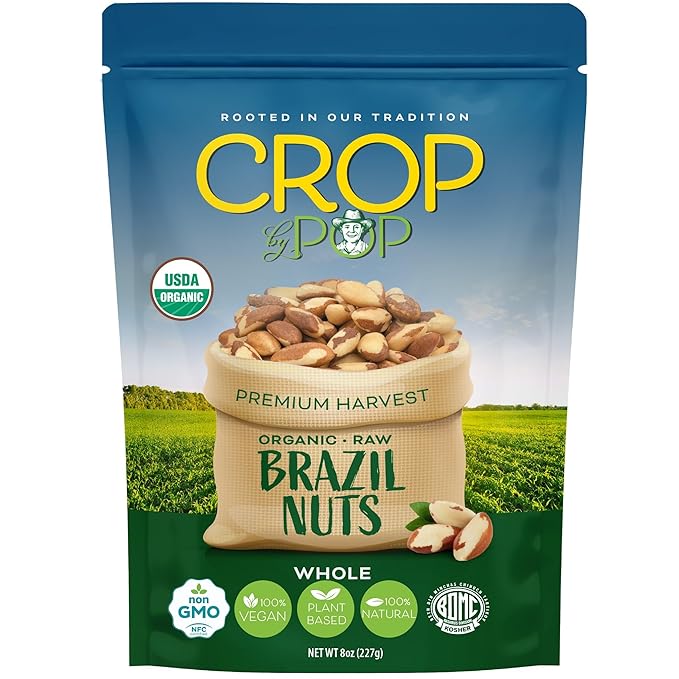 CROP BY POP - Organic Raw Brazil Nuts (8 Oz - 1 LB) Packed Fresh in Resealable Bag - USDA Organic, Non GMO - Naturally Grown, Vegan, Kosher