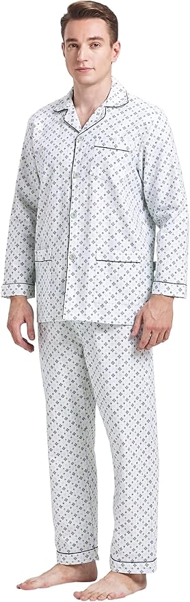 GLOBAL Men's Pajamas Sets 100% Cotton Flannel Sleepwear Long-Sleeve top & Bottom