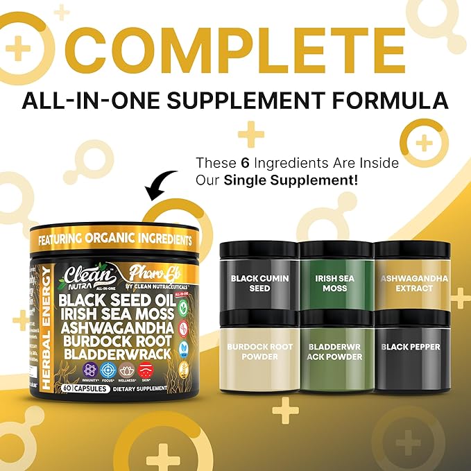 Clean Nutraceuticals Black Seed Oil Sea Moss Ashwagandha Burdock Root Bladderwrack Energy Vegan Capsules Seaweed Skin Detox Stress Relief Immune Support Focus Supplement Nigella Sativa 60 Count